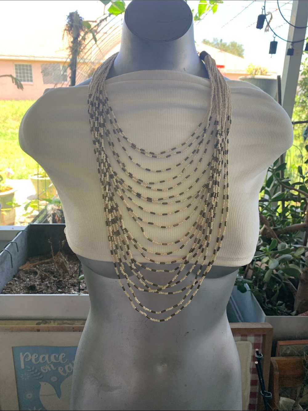 Multi-Strand Ivory and Gold Beaded Statement Necklace